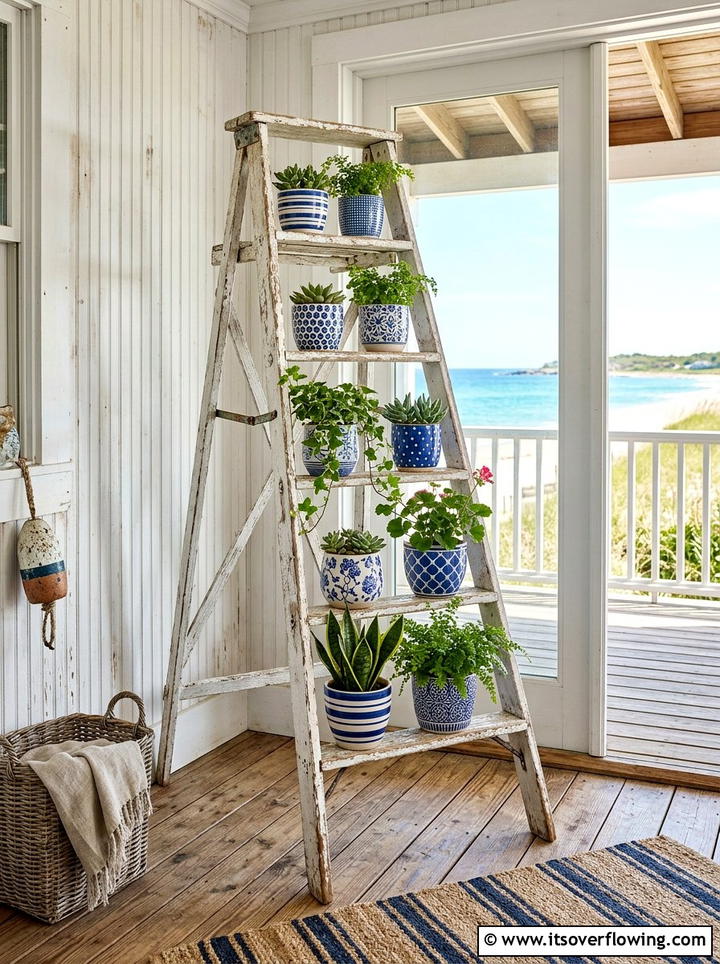 Distressed Wooden Ladder Stand - 25 upcycled garden ideas with coastal style