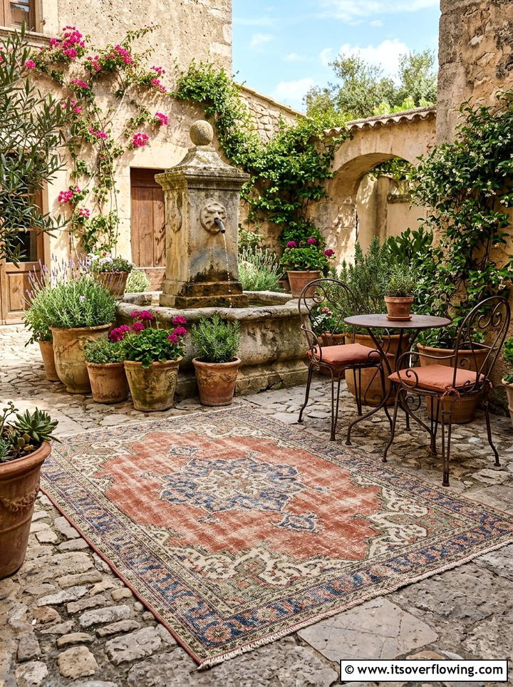 Distressed outdoor rug for courtyard - 25 garden decor ideas with outdoor rugs