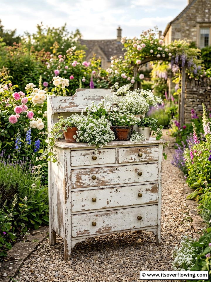 Distressed white garden dresser - 25 upcycled garden ideas with old dressers