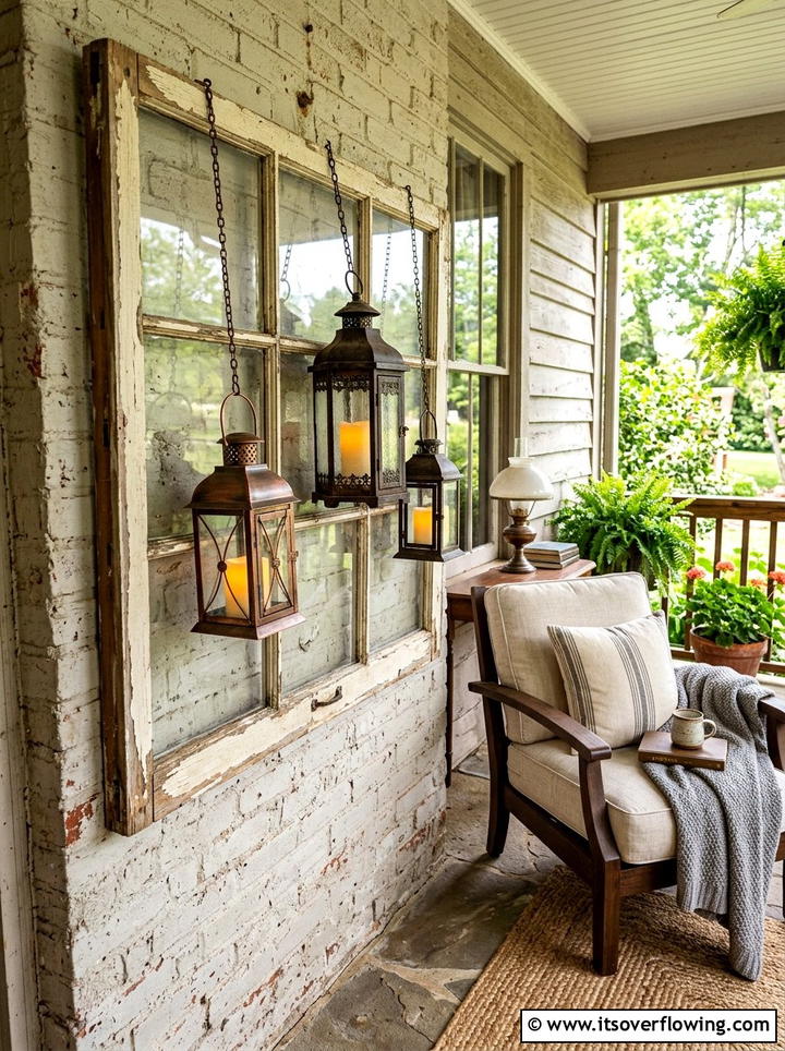 Distressed window lantern display - 25 front porch ideas with repurposed windows