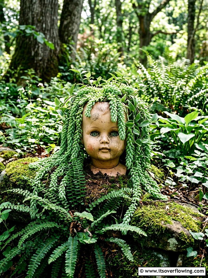 Doll head garden planter - 25 recycled garden ideas with old toys