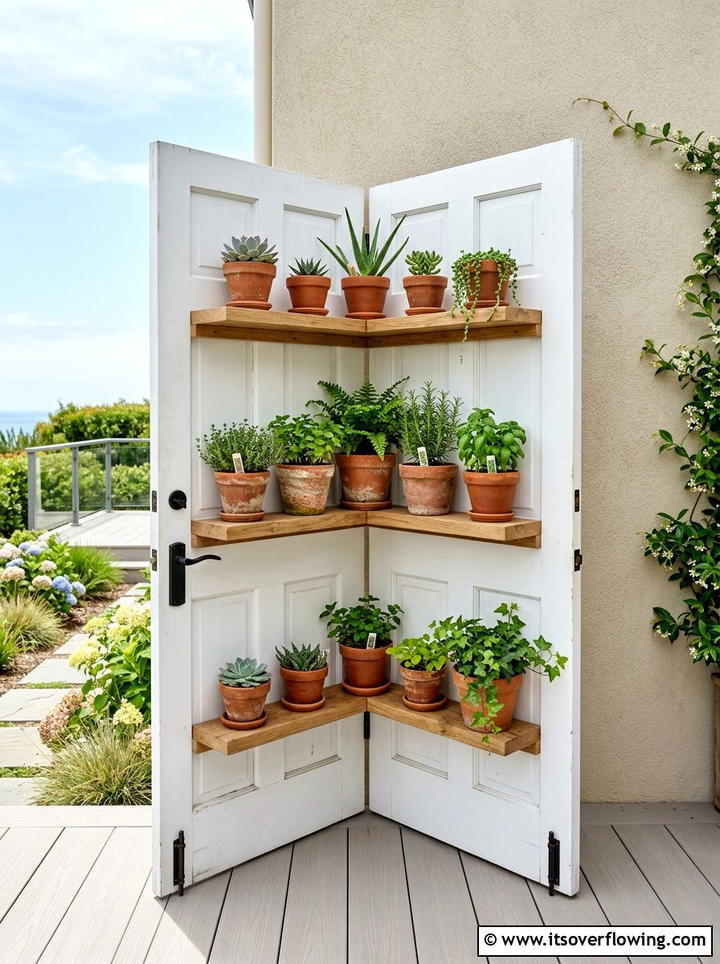 Door corner shelf for plants - 25 garden decor ideas with old doors