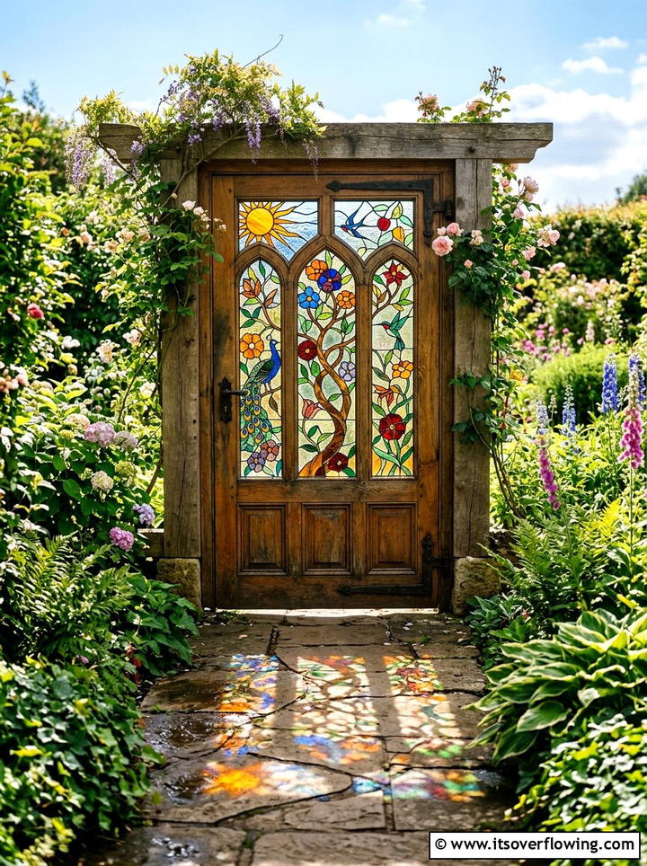 Door with stained glass in garden - 25 garden decor ideas with old doors