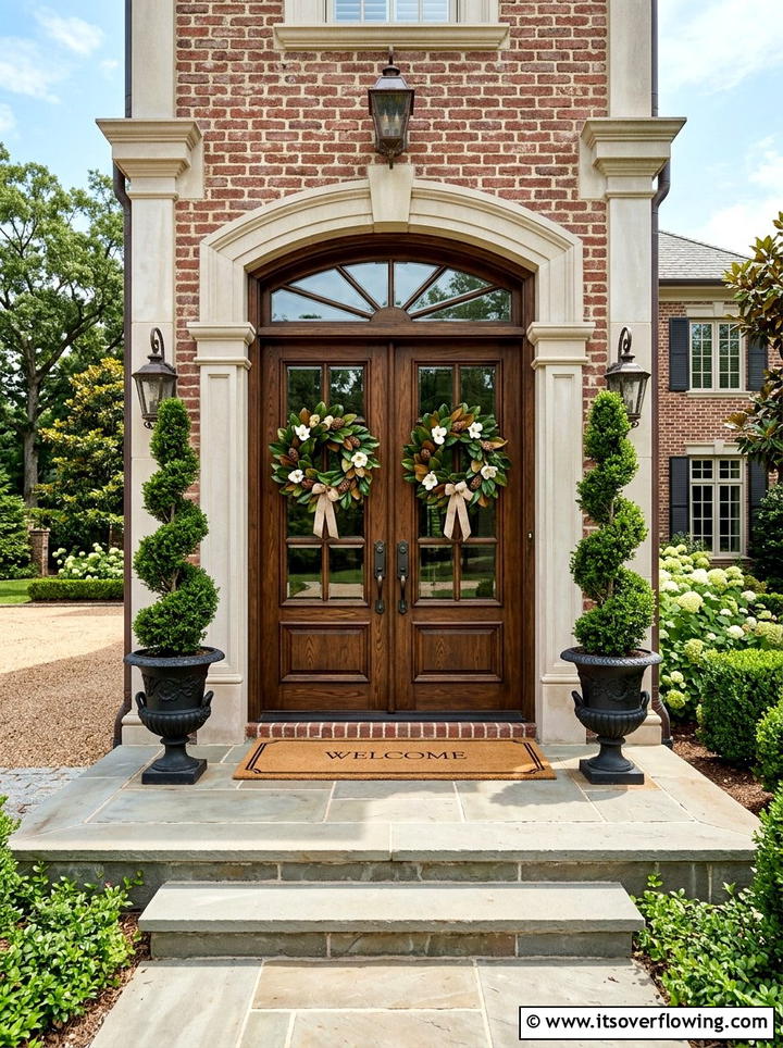 Double Door Entryway - 25 front porch decor ideas with magnolia wreath