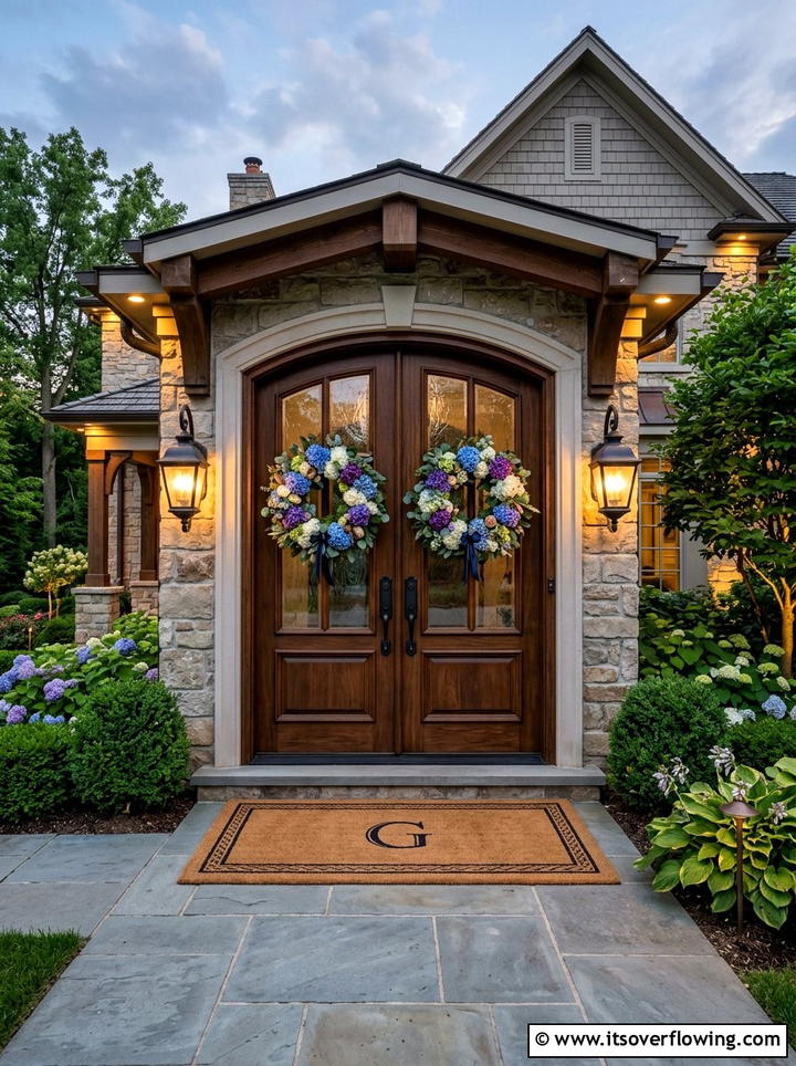 Double Door Wreath Display - 25 front porch decor ideas with hydrangea wreath