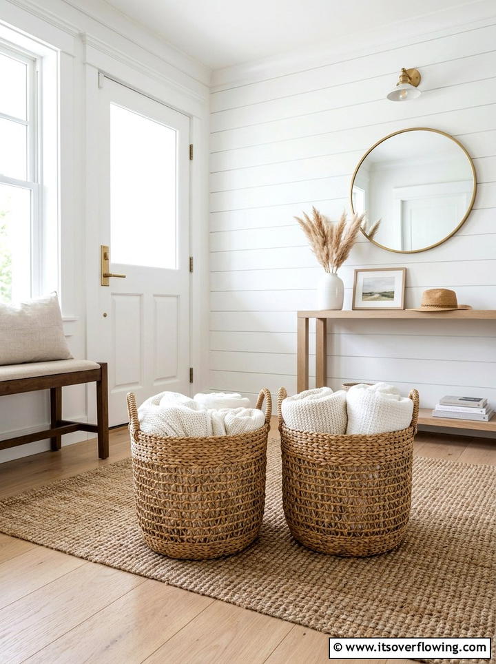 Double Entryway Baskets - 25 front porch decor ideas with symmetrical layout