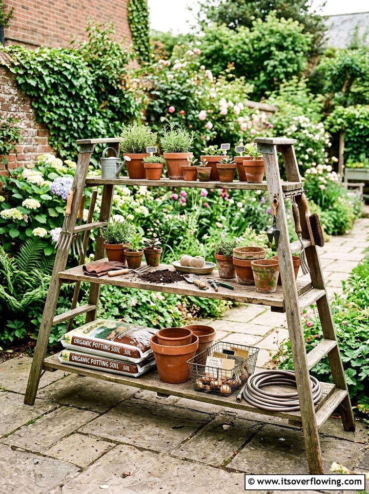 Double Ladder Porch Potting Bench - 25 front porch ideas with repurposed ladders