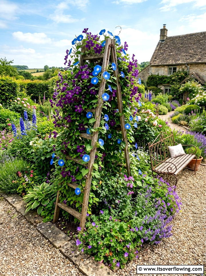 Double Ladder Trellis Vines - 25 garden decor ideas with floral ladders