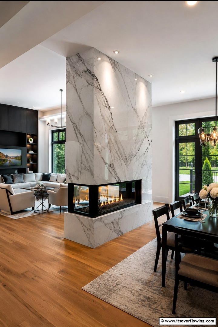 Double Sided Marble Elegance - 25 Elegant Marble Fireplace Ideas for a Luxurious Look