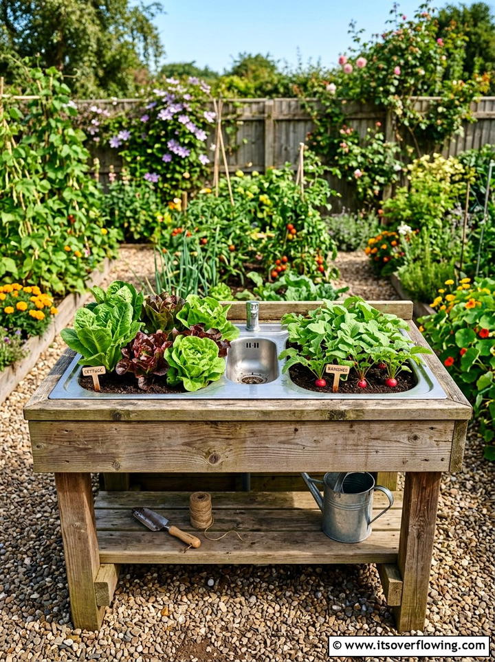 Double bowl sink vegetable patch - 25 upcycled garden ideas with old sinks