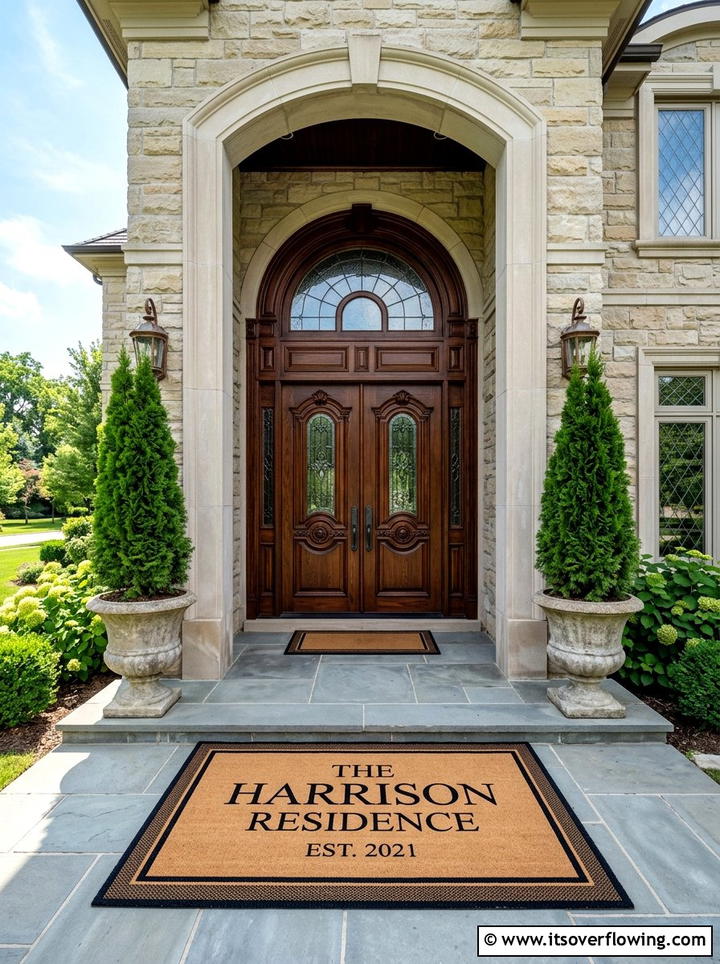 Double door entryway - 25 front porch ideas with personalized mat