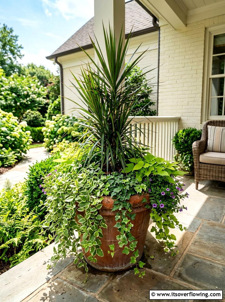 Dracaena Spikes For Height In Mixed Planters - 25 front porch ideas with low maintenance plants