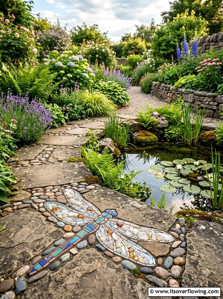 Dragonfly garden mosaic - 25 garden ideas with pebble mosaics