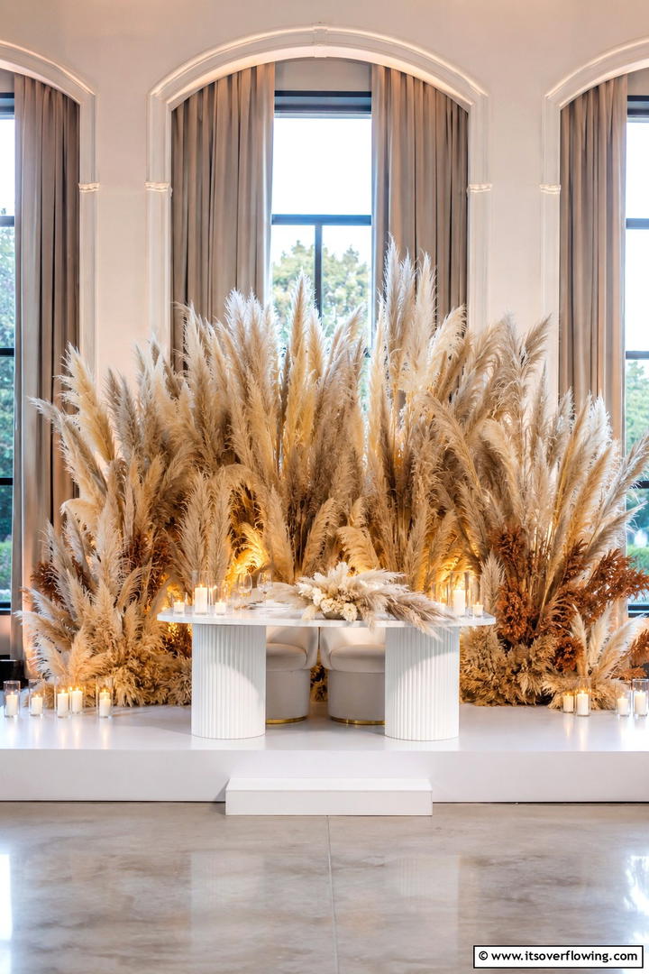 Dramatic Pampas Backdrops - 30 Pampas Grass Wedding Decor Ideas for Boho Chic Vibes