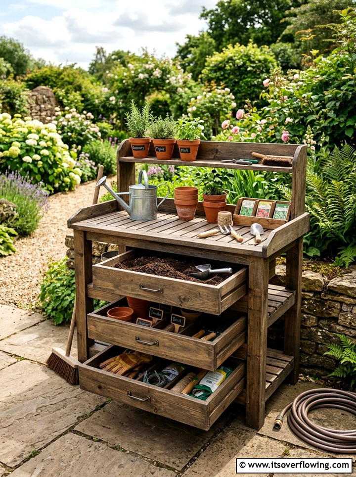 Drawer Potting Bench - 25 upcycled garden ideas with old drawers