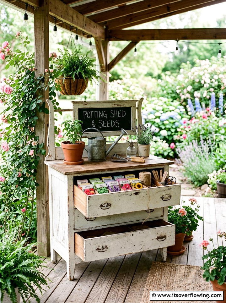 Dresser Potting Station - 25 upcycled garden ideas with potting benches