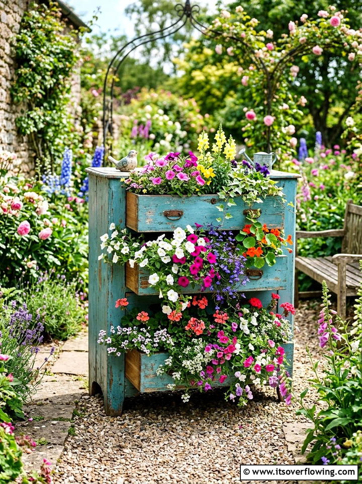Dresser drawer flower bed - 25 cheap garden ideas with repurposed containers
