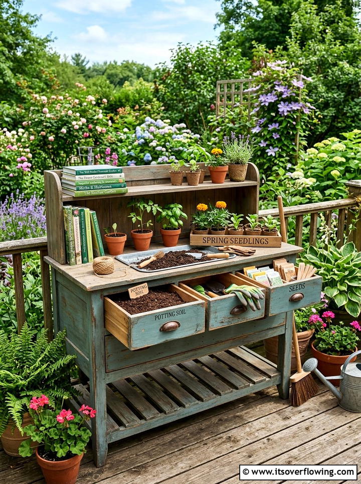 Dresser drawer garden bench - 25 upcycled garden ideas with tool storage