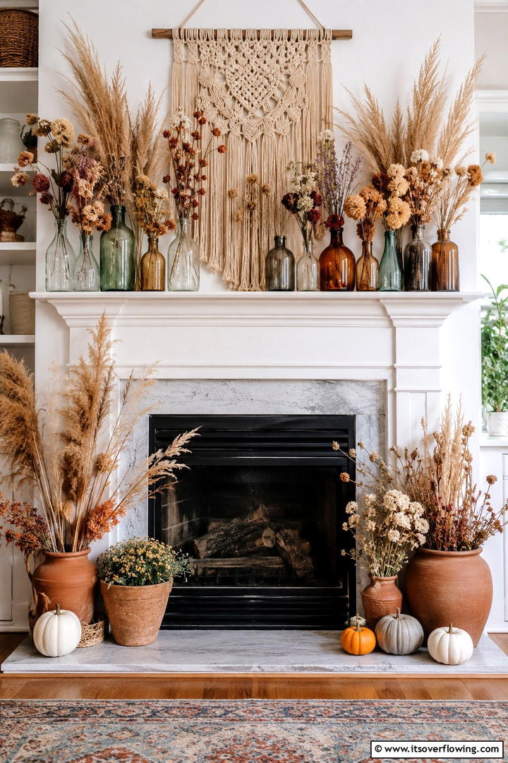 Dried Flower Bohemian Theme - 50 Fall Fireplace Decor Ideas to Warm Autumn Gatherings
