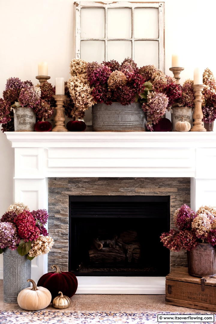 Dried Hydrangea Mantel - 50 Fall Fireplace Decor Ideas to Warm Autumn Gatherings