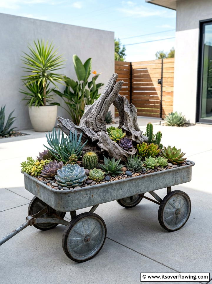 Driftwood And Succulent Wagon - 25 upcycled garden ideas with old wagons