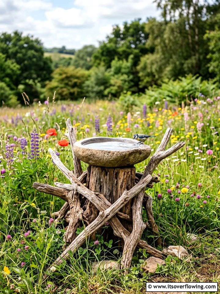 Driftwood Bird Bath - 25 upcycled garden ideas with driftwood