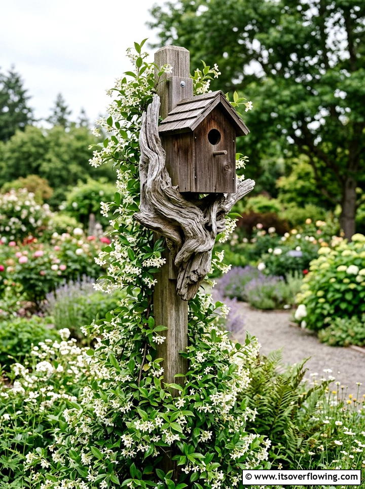 Driftwood Bird House - 25 garden decor ideas with driftwood accents