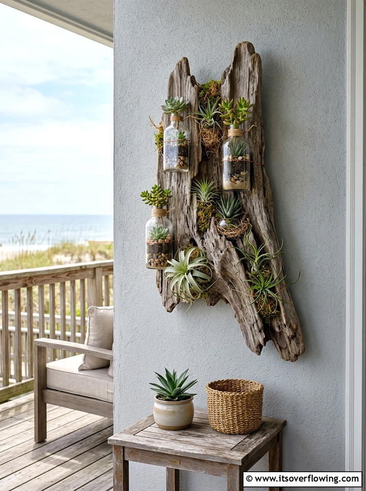 Driftwood Bottle Garden - 25 recycled garden ideas with hanging bottle planters