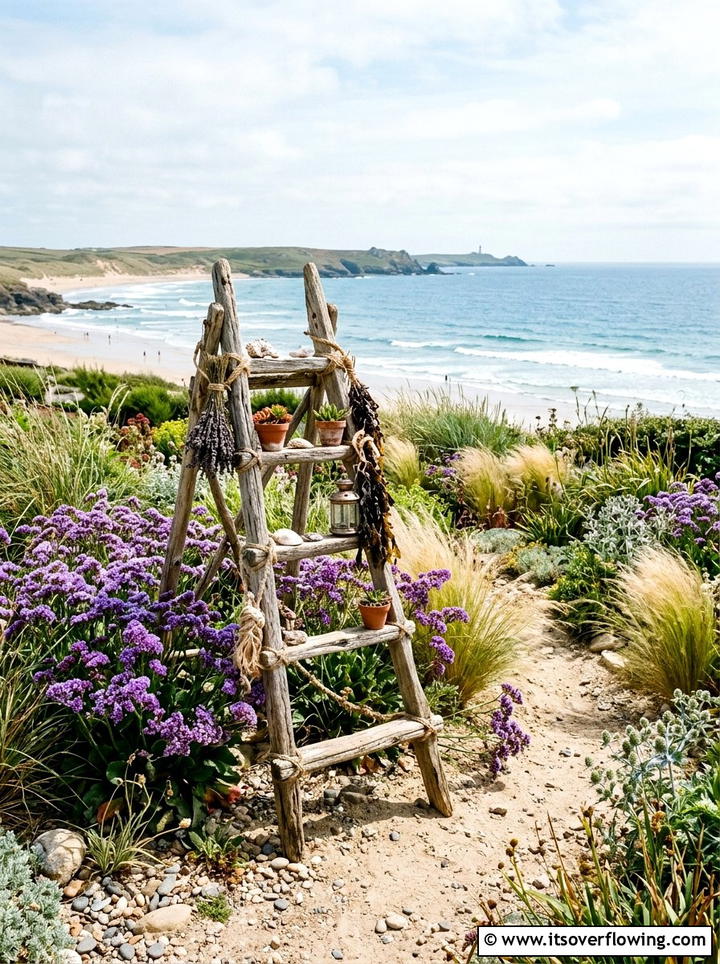 Driftwood Coastal Garden Ladder - 25 garden decor ideas with floral ladders