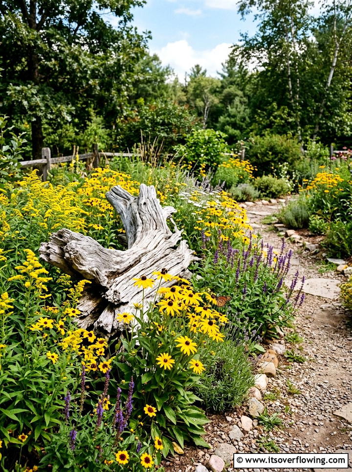 Driftwood Decor In Flower Border - 25 garden decor ideas for pollinator gardens