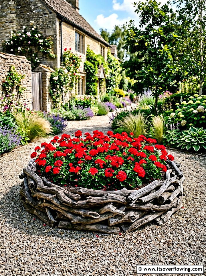 Driftwood Flower Bed - 25 garden decor ideas with driftwood accents