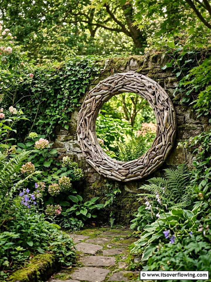 Driftwood Garden Mirror Frame - 25 upcycled garden ideas with driftwood