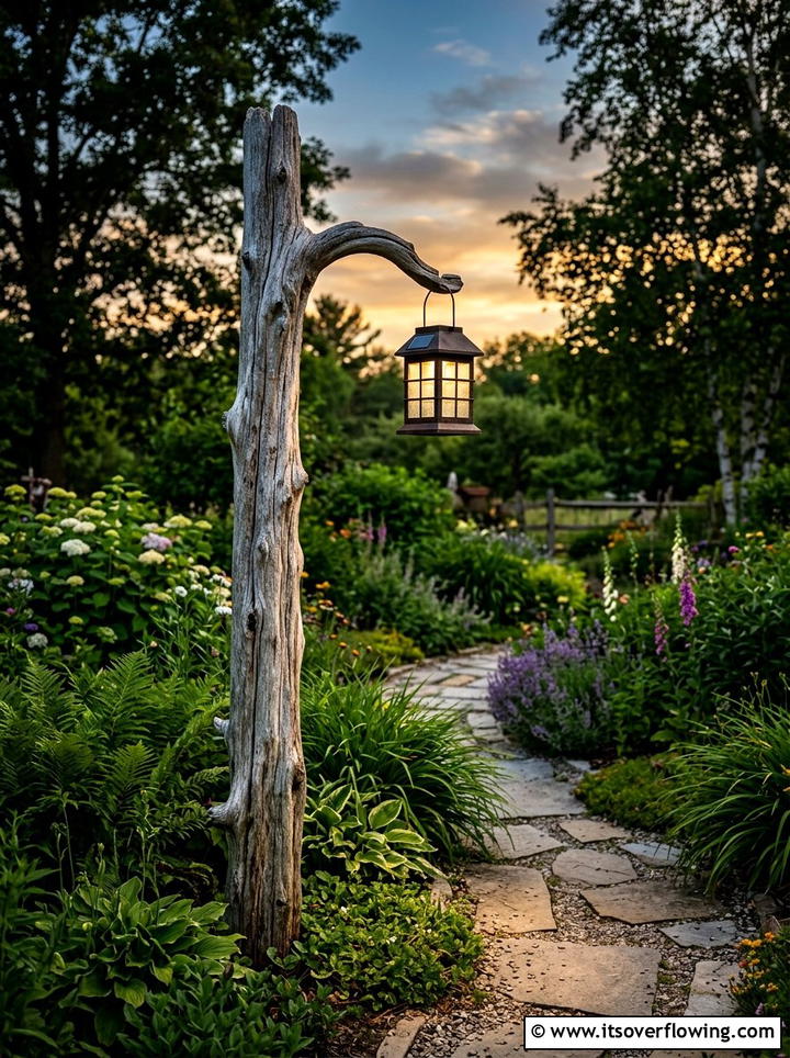 Driftwood Lantern Post - 25 garden decor ideas with driftwood accents