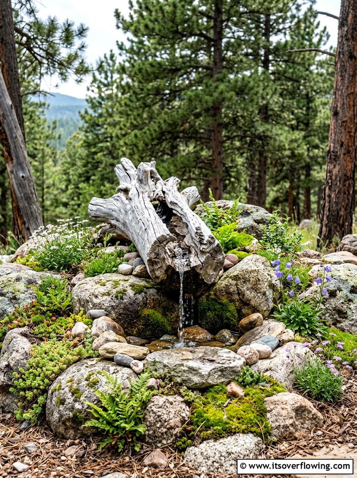Driftwood Log Fountain - 25 backyard ideas with fountain