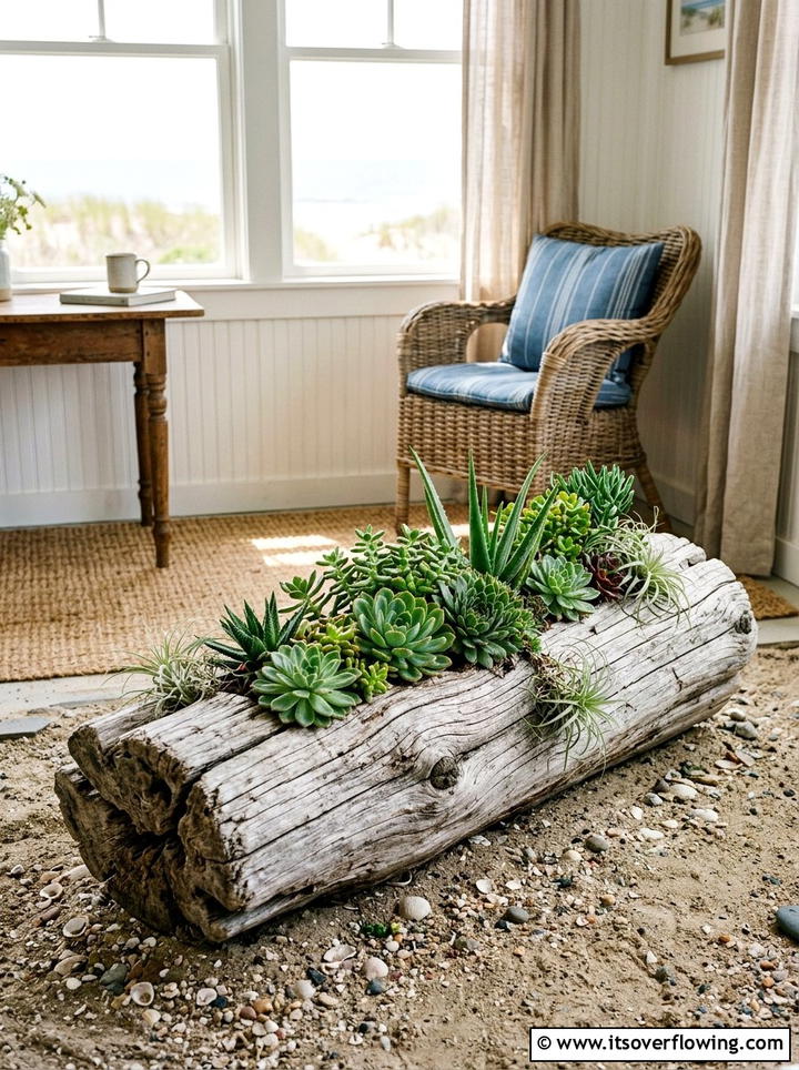 Driftwood Log Planter - 25 upcycled garden ideas with coastal style