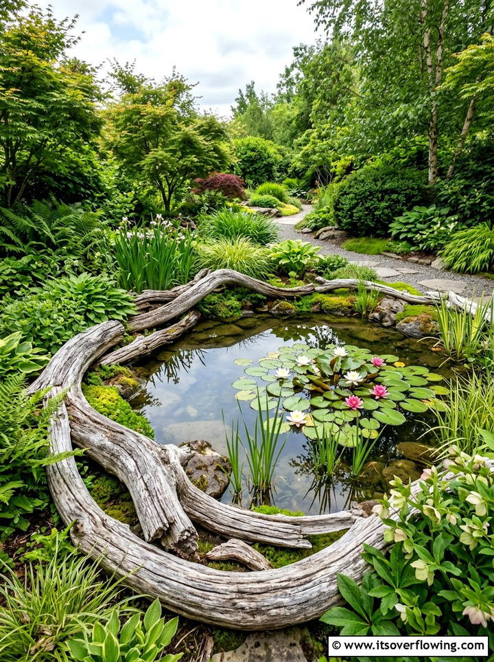 Driftwood Pond Edge - 25 upcycled garden ideas with driftwood