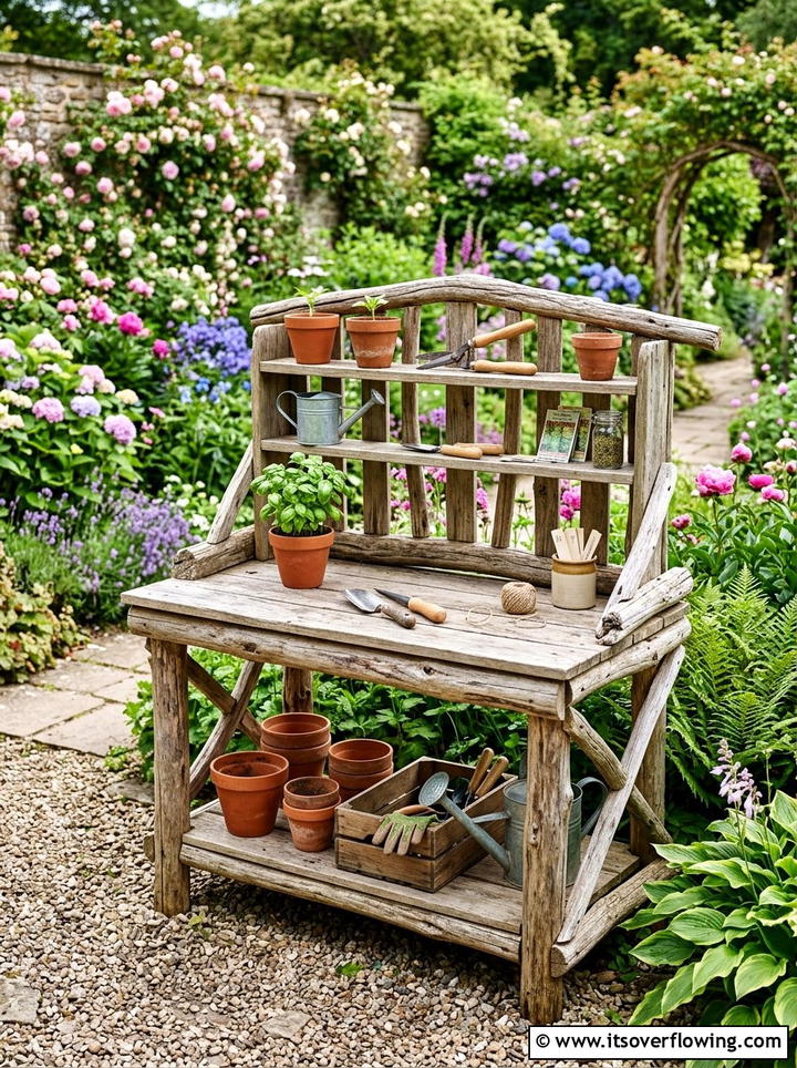 Driftwood Potting Bench - 25 upcycled garden ideas with driftwood