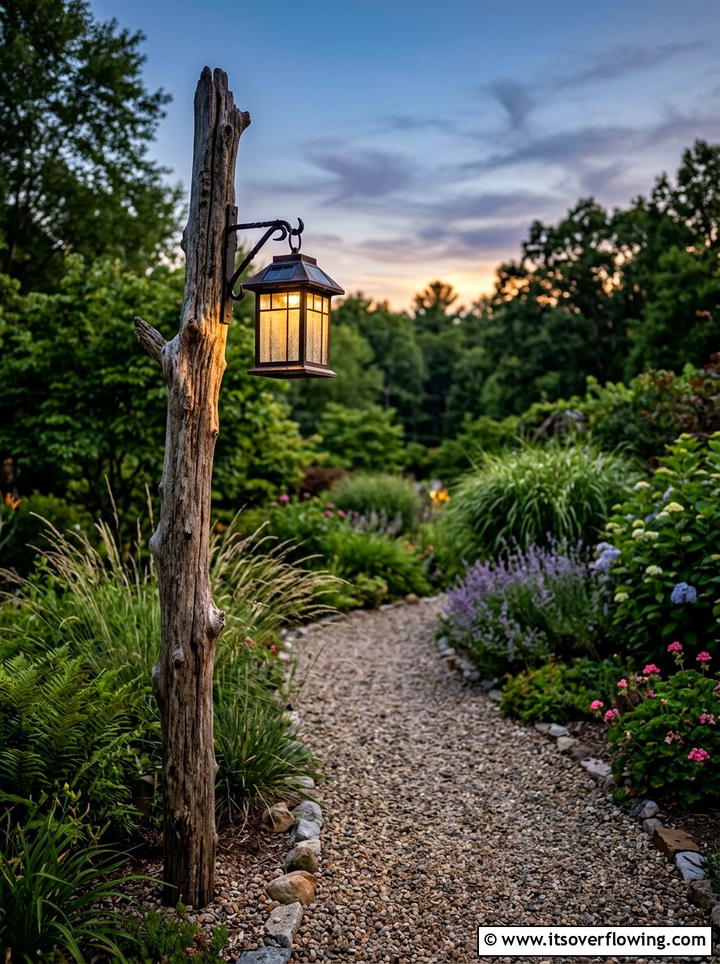 Driftwood Solar Light Post - 25 upcycled garden ideas with driftwood