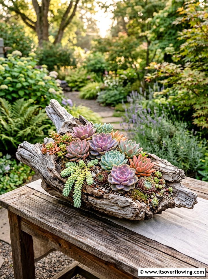 Driftwood Succulent Planter - 25 garden decor ideas with driftwood accents