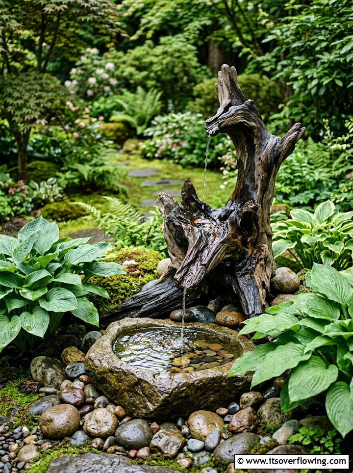 Driftwood Water Fountain - 25 garden decor ideas with driftwood accents
