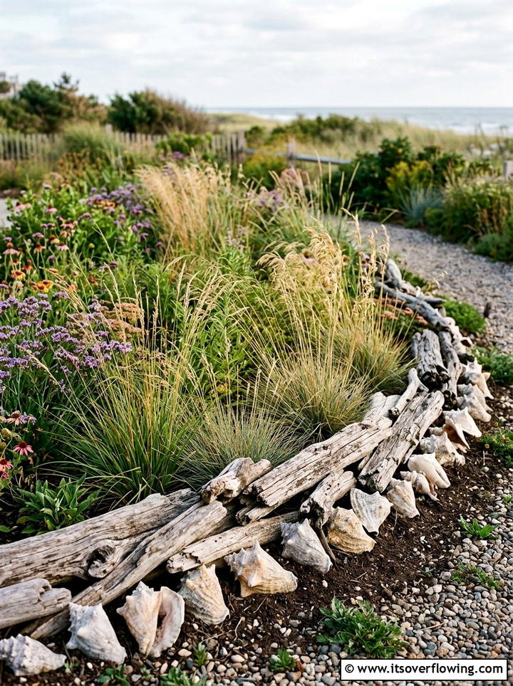 Driftwood and conch shell garden perimeter - 25 garden ideas with shell borders
