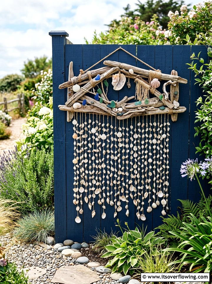 Driftwood and shell wall art - 25 garden decor ideas with shell accents