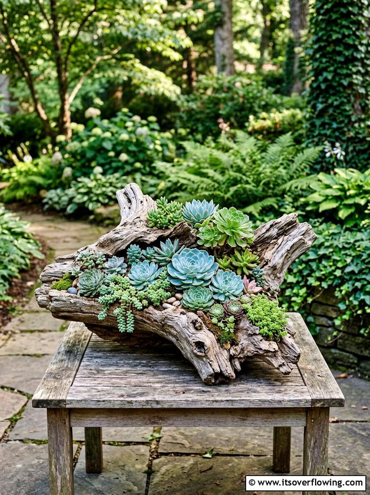 Driftwood succulent planter - 25 garden ideas with succulents