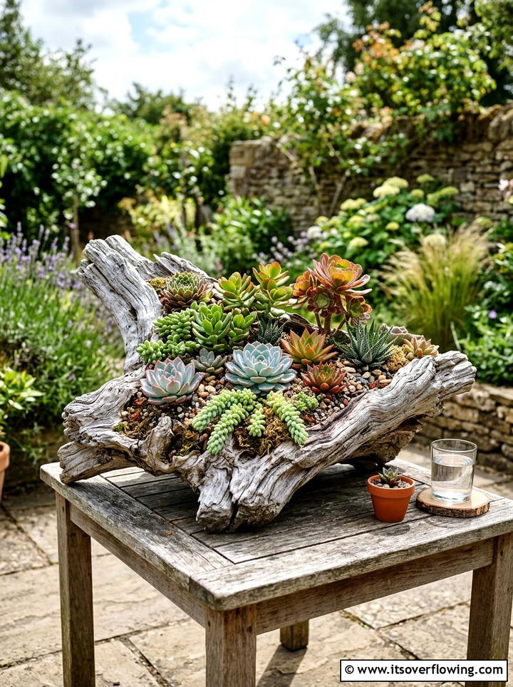 Driftwood succulent planter - 25 small garden ideas with succulents