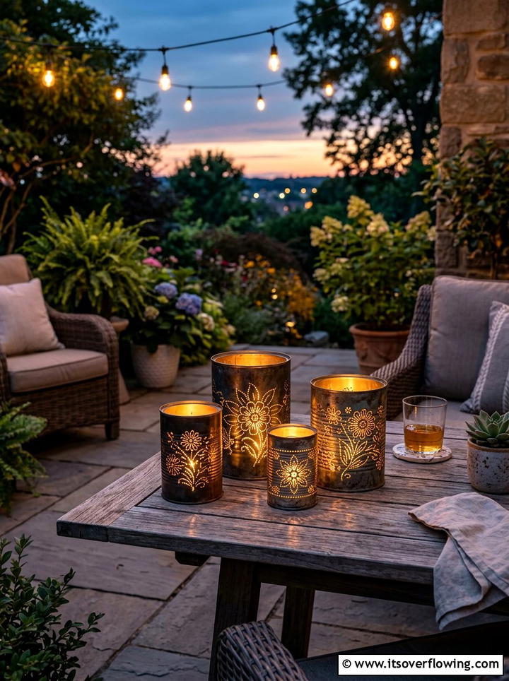 Drilled Light Patterns - 25 upcycled garden ideas with tin cans