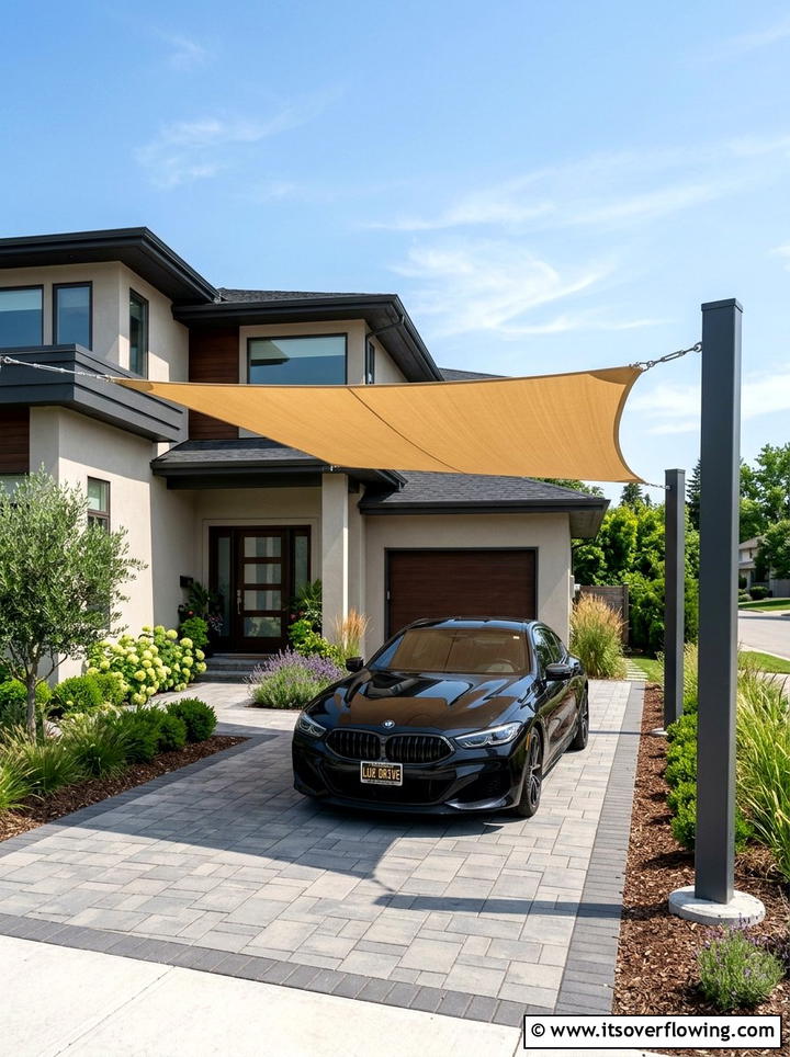 Driveway shade sail carport - 25 garden decor ideas with shade sails
