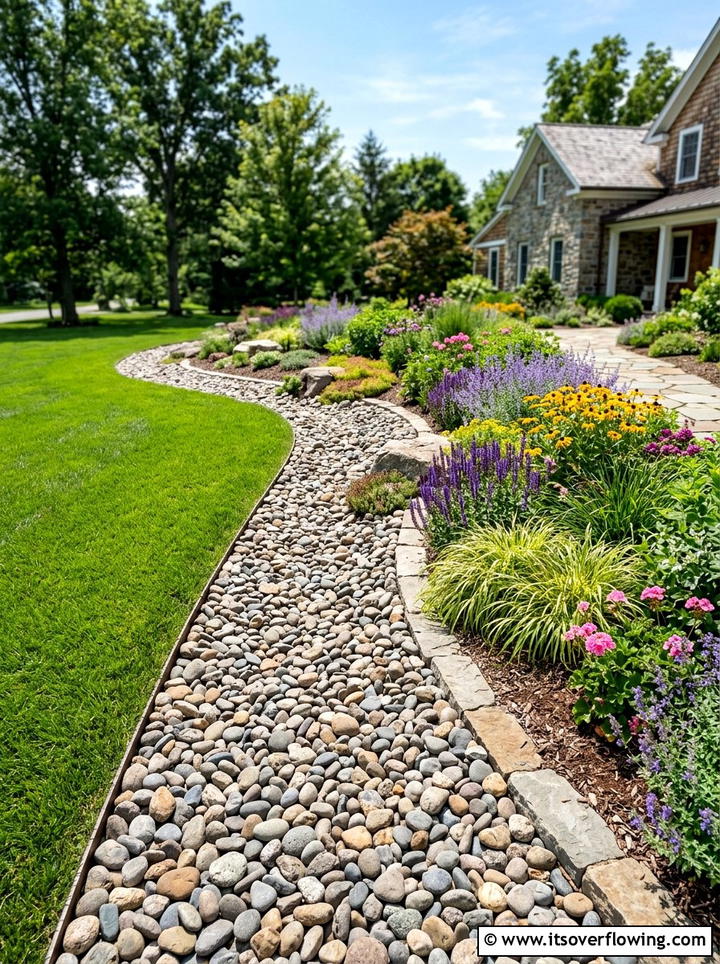 Dry Creek Bed Bordering Lawn - 25 backyard ideas with dry creek bed