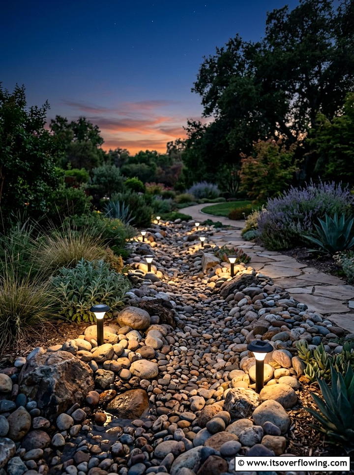 Dry Creek Bed With Solar Lighting - 25 backyard ideas with dry creek bed