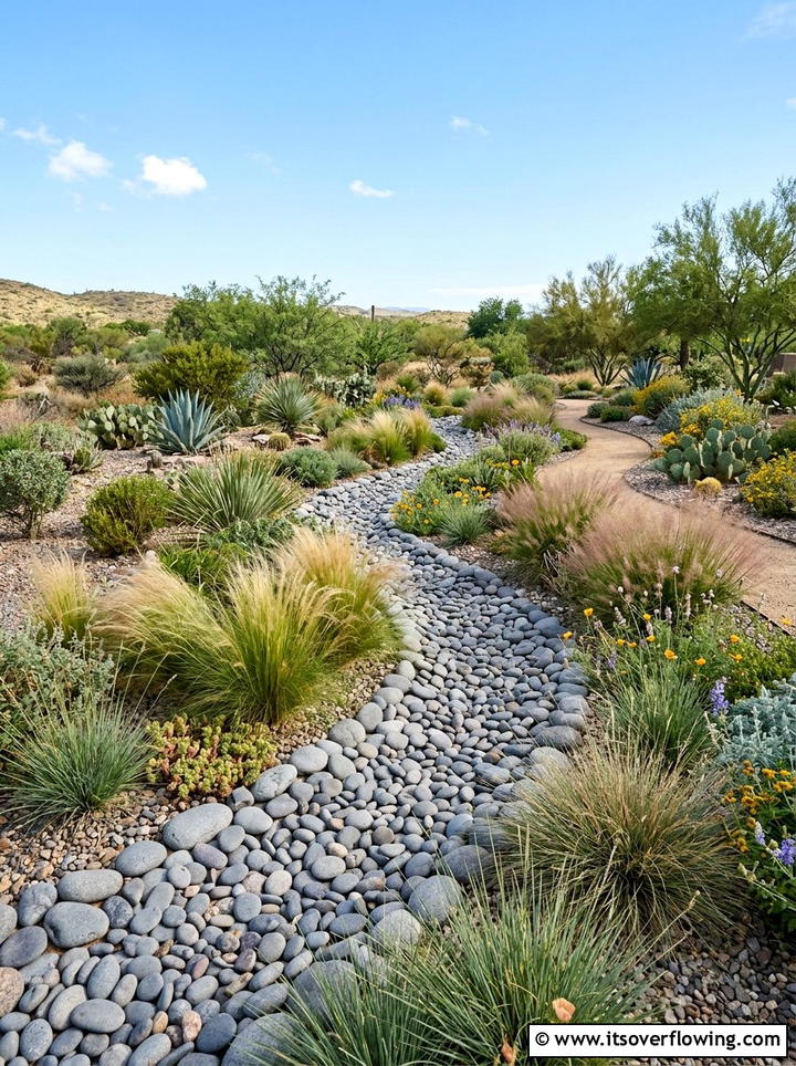 Dry creek bed with plants - 25 cheap garden ideas with native plants