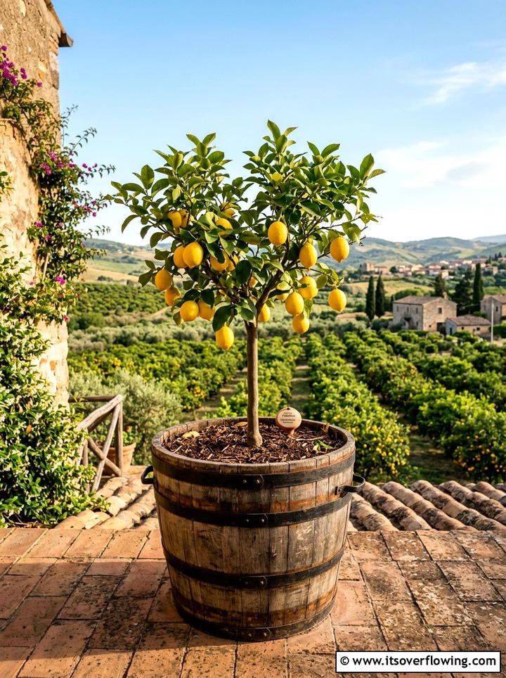 Dwarf citrus tree in barrel - 25 front porch ideas with barrel planters